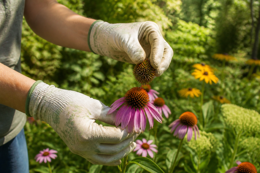 A gardener in gloves carefully snips a spent bloom from a purple coneflower in a sunny summer garden.