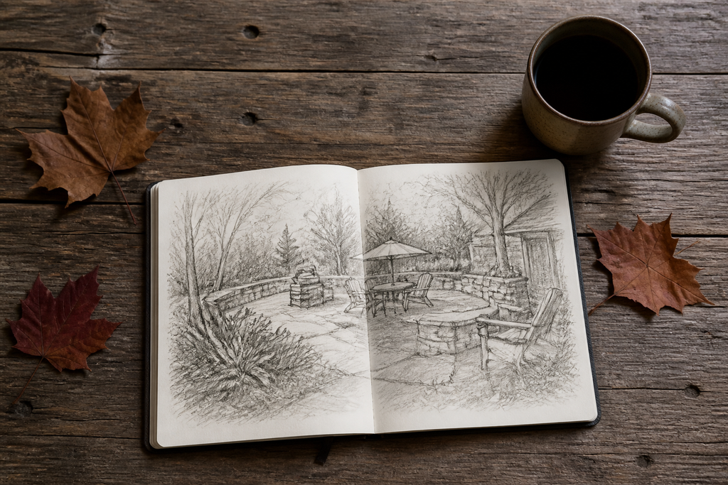 A landscape design sketchbook open to a patio drawing, resting on a wooden table with a coffee mug and fall leaves.