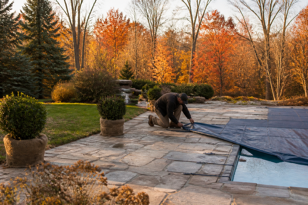 A stone patio and pool corner being prepared for winter, with burlap-wrapped shrubs and fall foliage in the background.