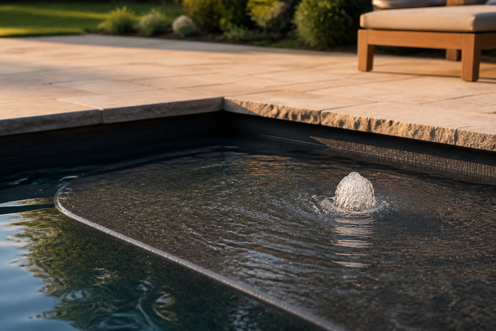 A luxury gunite pool with a shallow tanning ledge and a water bubbler feature, set next to a natural stone patio.