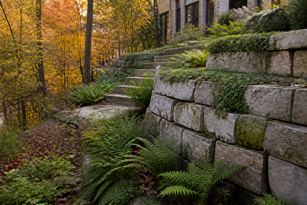 A multi-tier natural limestone retaining wall supporting a sloped hillside garden with stone steps and plantings.