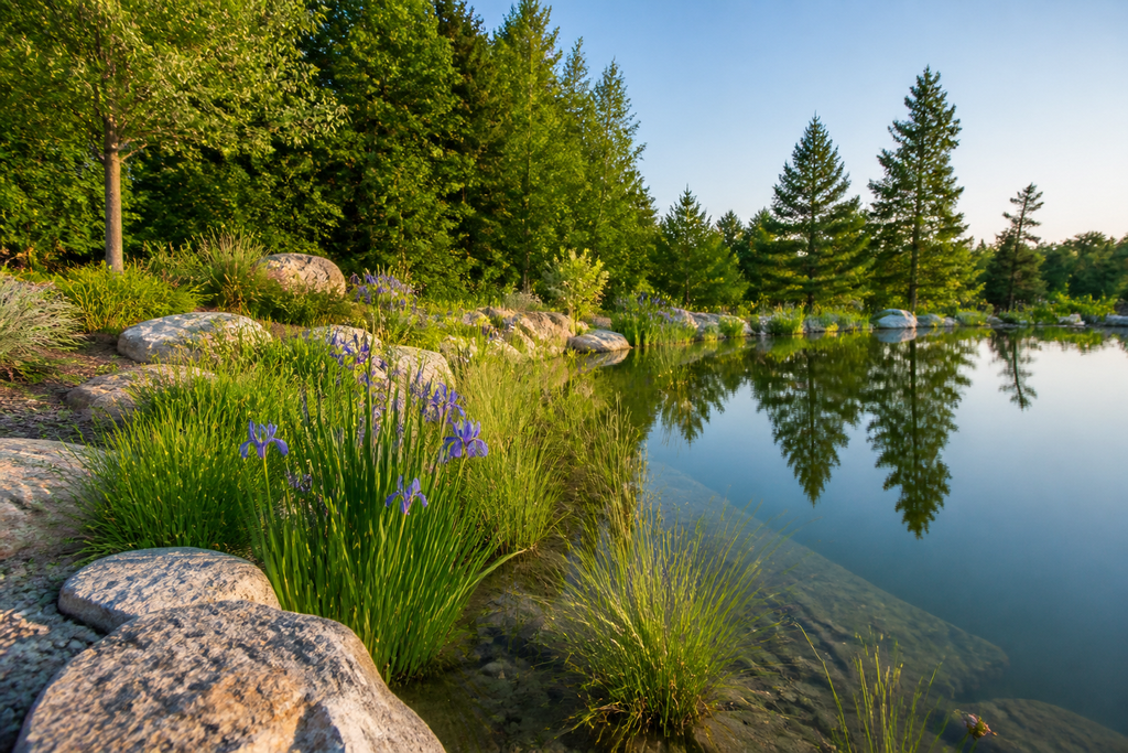 A naturalistic pond edge in Ontario with blooming Blue Flag Iris, sedges, and large limestone boulders separating the water from a lush green lawn.