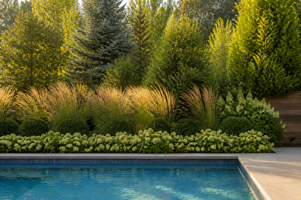 A lush, layered privacy screen with evergreen trees and ornamental grasses bordering a modern in-ground pool in a Headwaters region backyard.