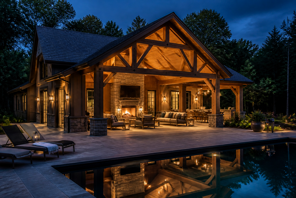 A luxury custom pool house with wood siding and a stone base, illuminated at dusk next to an in-ground pool in Caledon, Ontario.