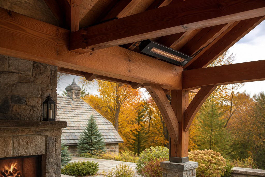 Western red cedar timber pavilion with stone fireplace and radiant heaters overlooking fall landscape.
