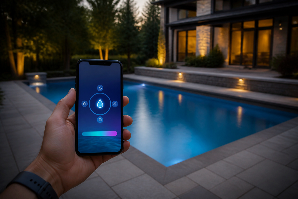 A person using a smartphone app to control their automated pool system, with the clean, illuminated pool in the background at twilight.