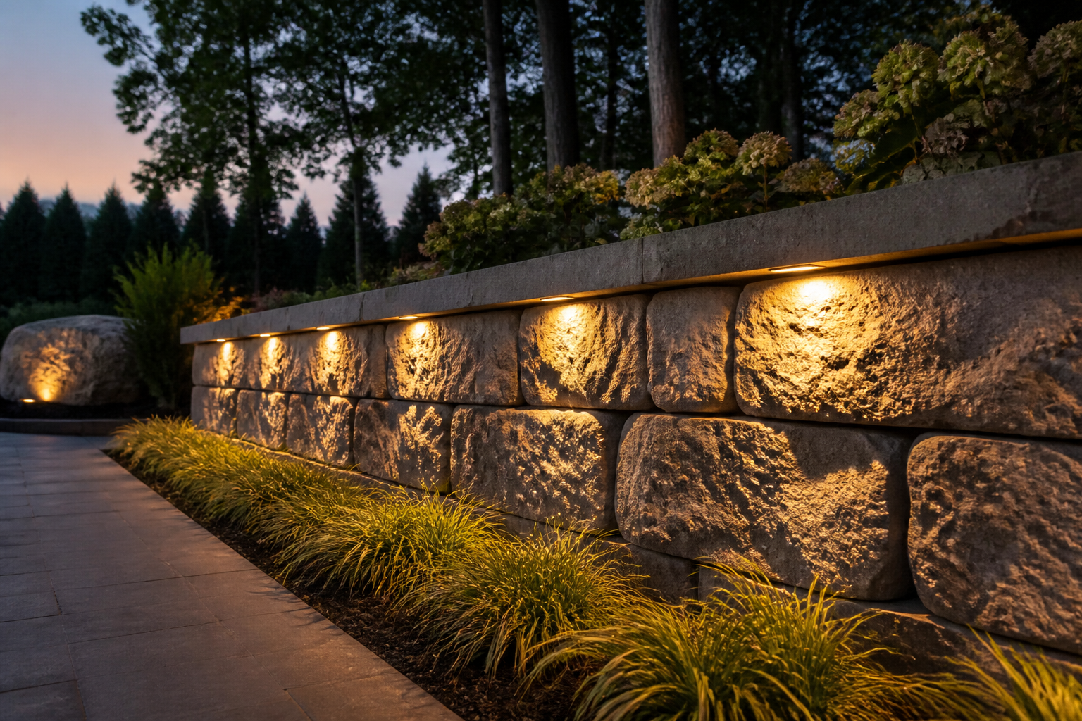 A natural stone retaining wall at night with warm under-cap lighting highlighting the texture of the stone.