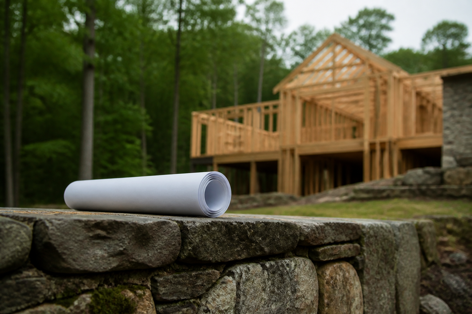 A landscape design blueprint on a stone wall with a custom home construction site in the background, illustrating the integration of architecture and landscape planning.
