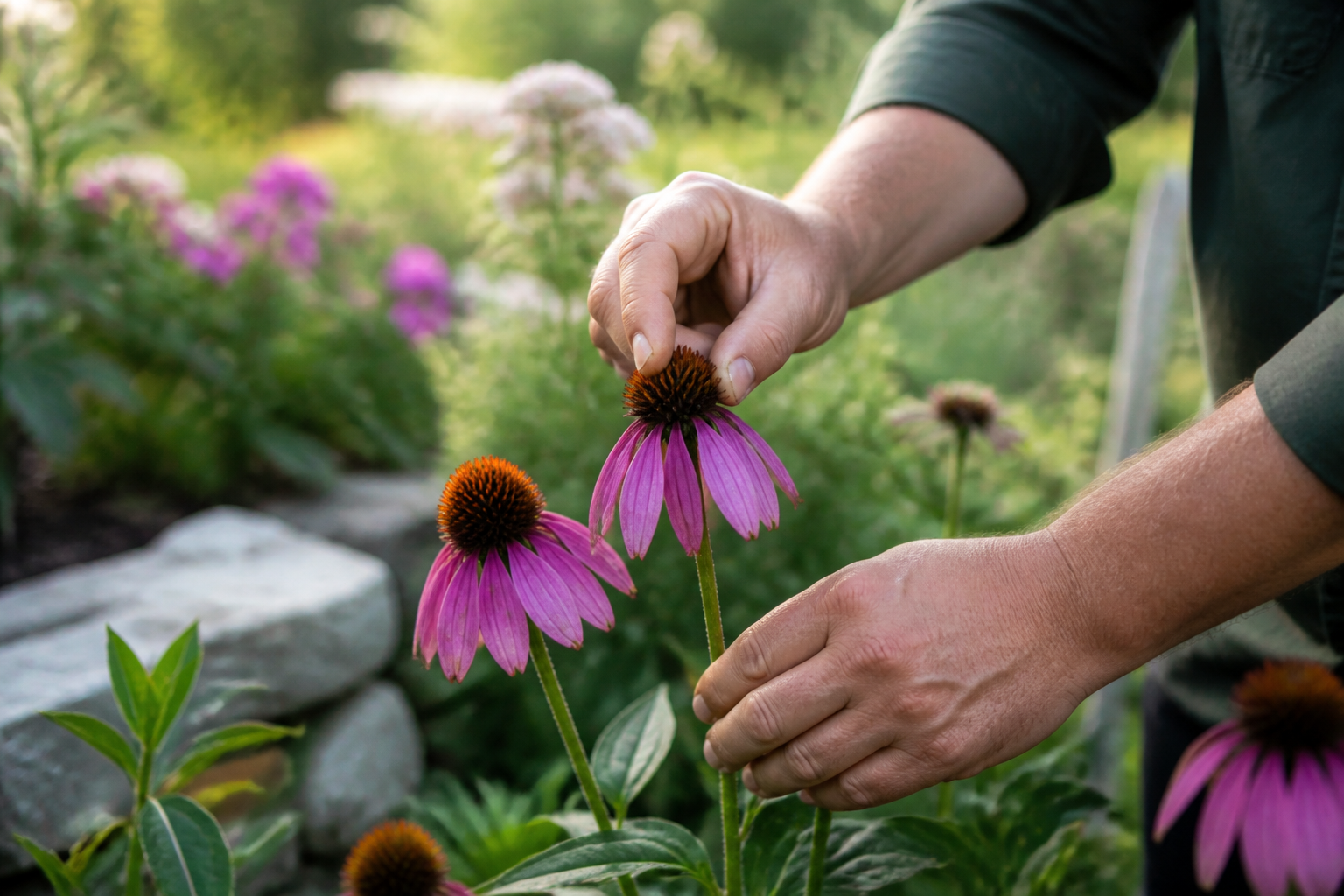 A close-up of hands in gardening gloves snipping a spent bloom from a purple coneflower in a vibrant Ontario summer garden.