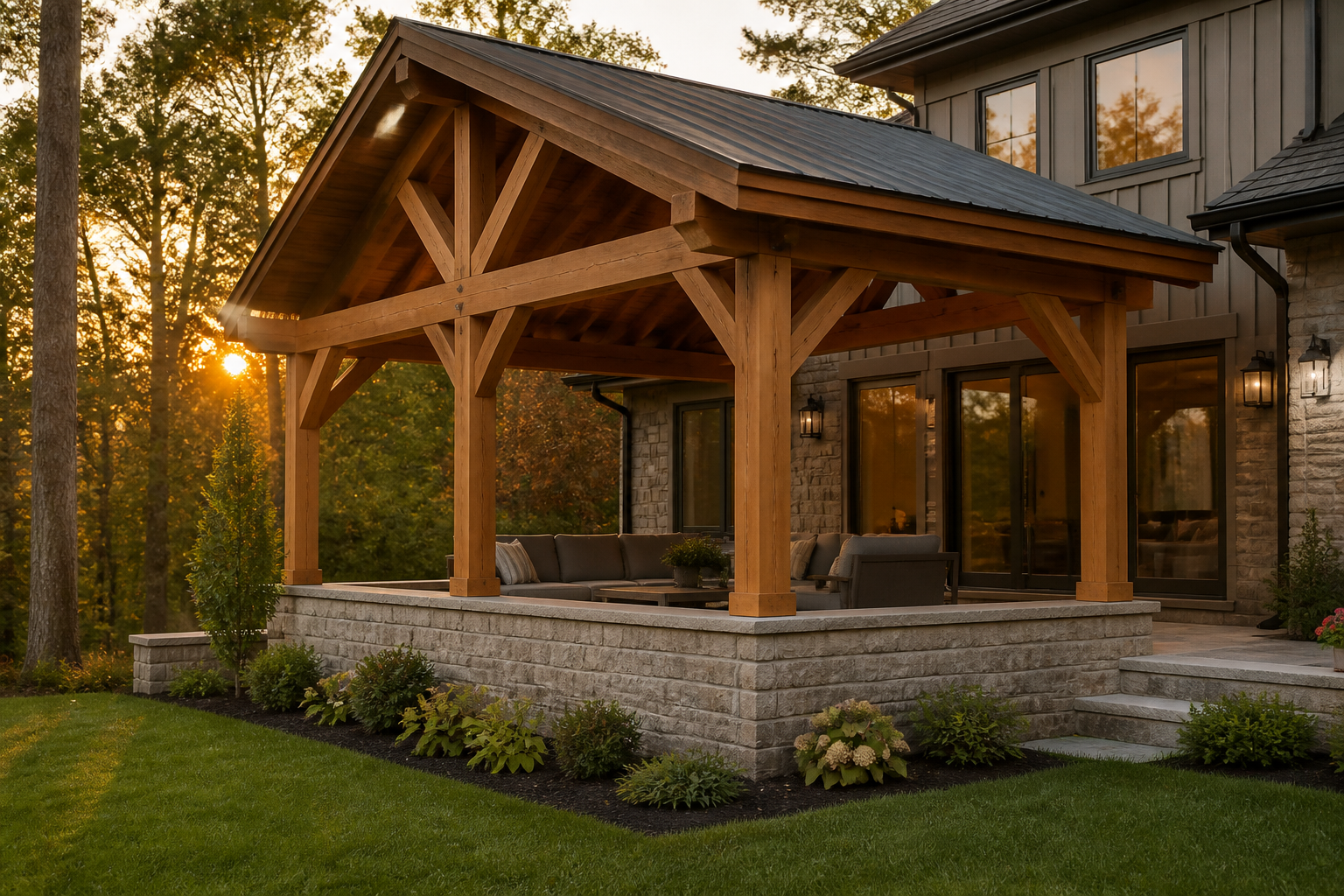 A timber frame pavilion with a stone base seamlessly integrated with the architecture of a modern country home.