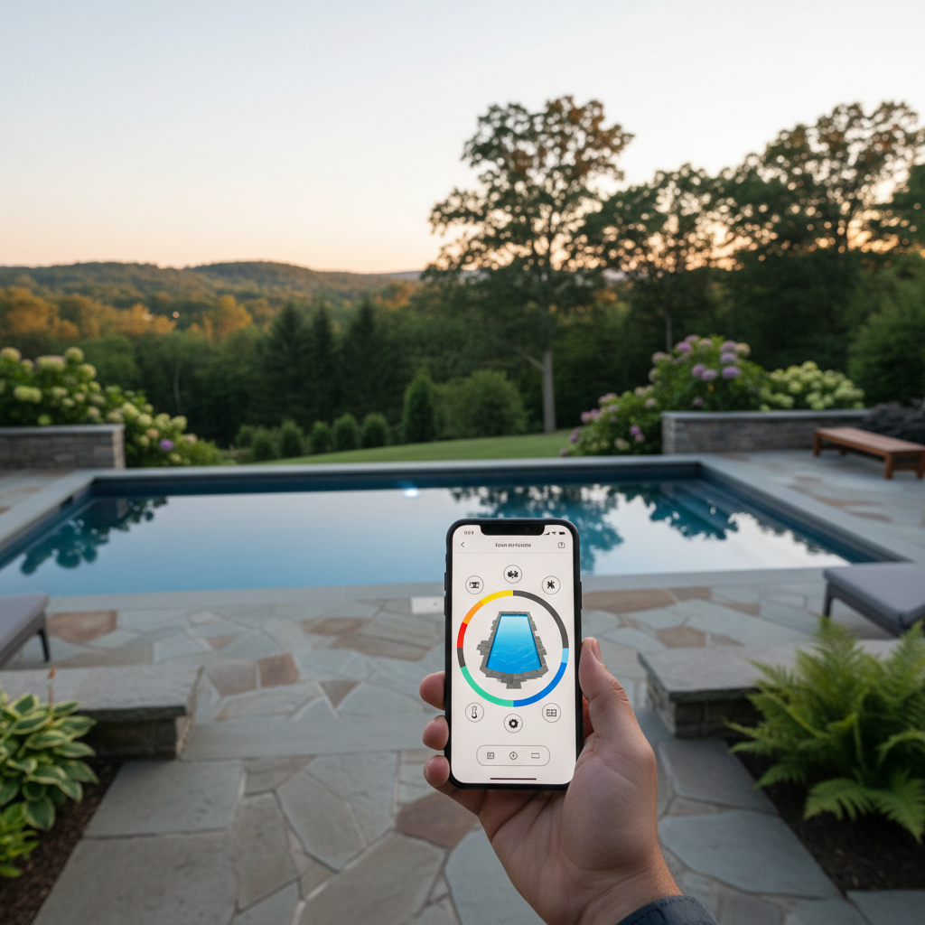 A person using a smartphone app to control the smart lighting of a modern gunite pool at twilight.