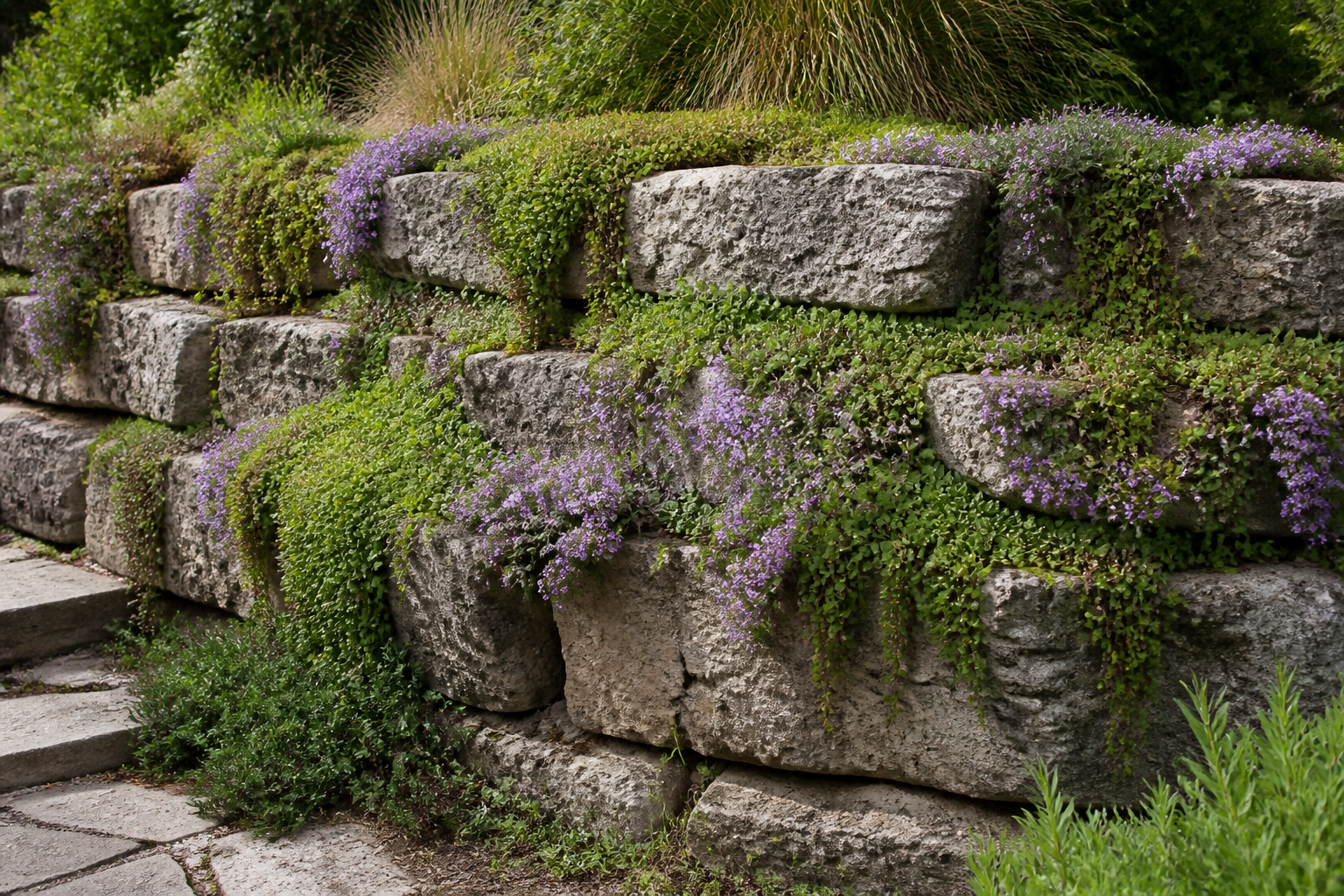 Lush green and purple plants cascade over the edge of a dry-stack natural stone retaining wall in a country garden.