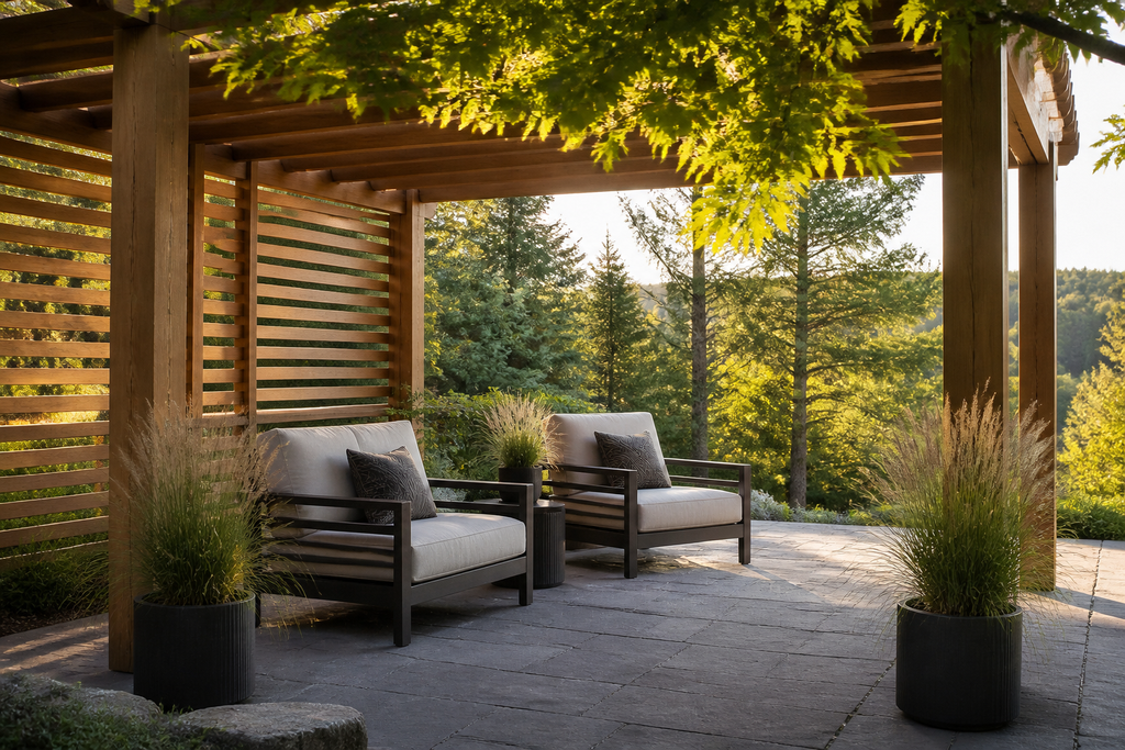 Cedar pergola and stone patio with layered privacy plantings on an in-town residential property.
