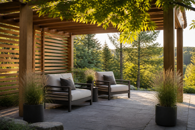 Cedar pergola and stone patio with layered privacy plantings on an in-town residential property.