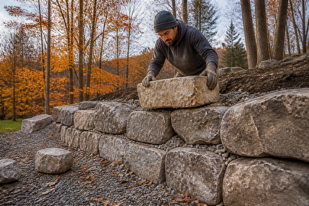 A stonemason carefully places a large block onto a natural stone retaining wall during its construction in the fall.