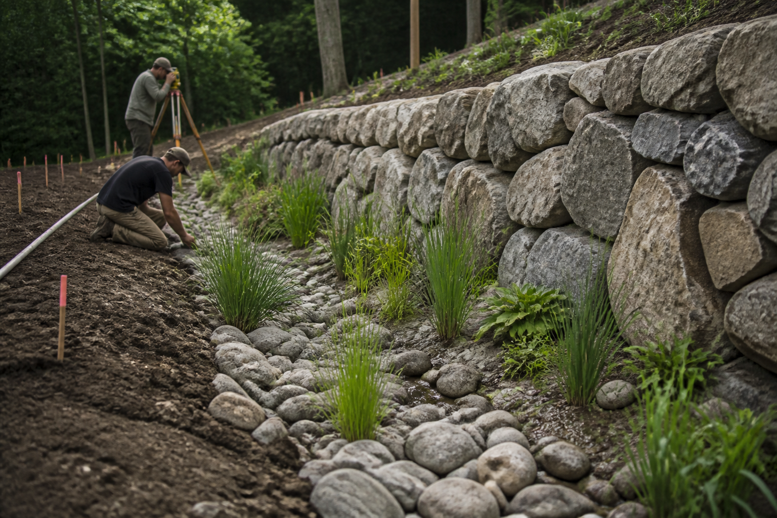 A stone retaining wall with a gently sloped garden swale at its base, designed as a landscape drainage solution on a country property.