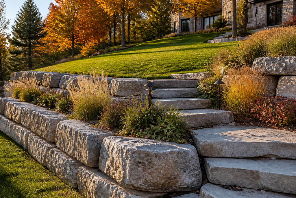 Large weathered limestone armour stone retaining wall terracing a rolling estate lawn in autumn.