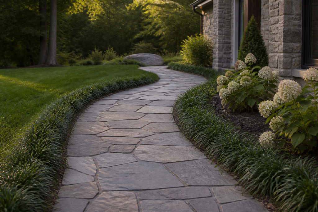 A wide, curved flagstone walkway leading through a green lawn towards a country home, with lush garden beds along the edges.
