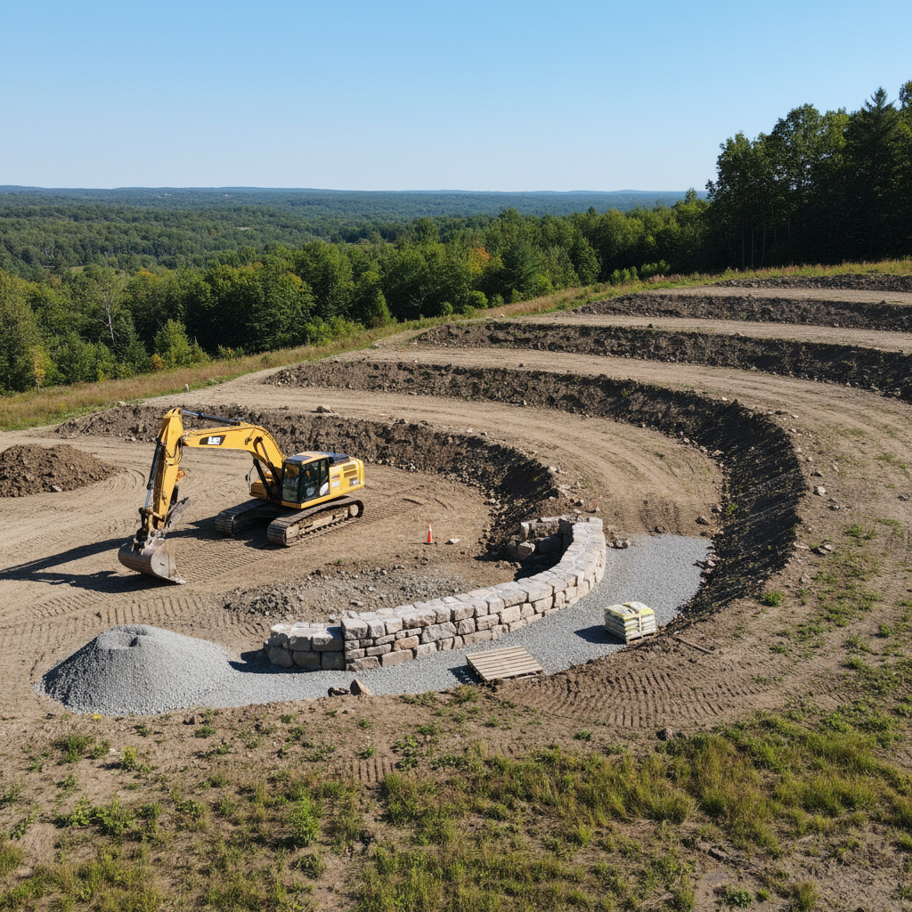 A newly graded landscape on a sloped property, showing a new earth terrace and a natural stone retaining wall under construction.