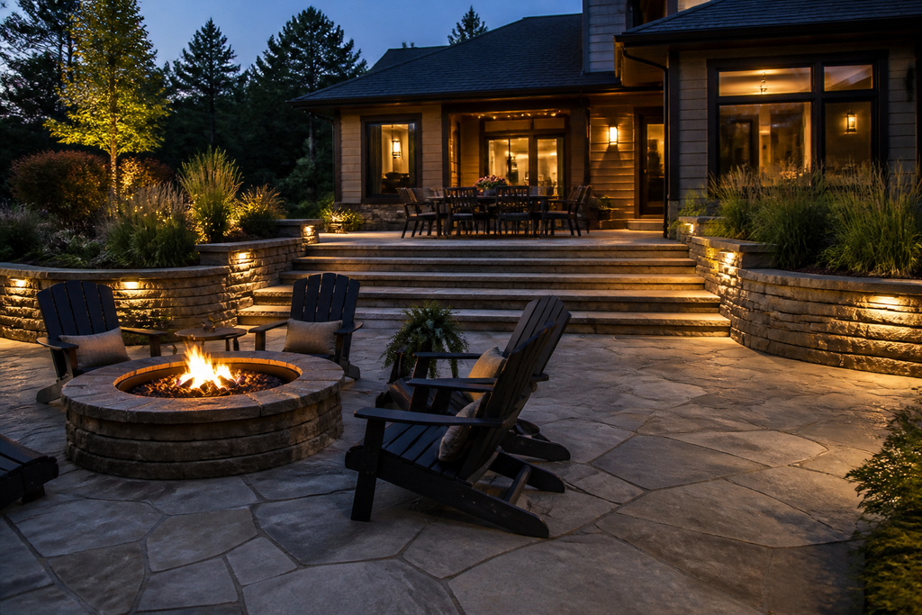 A multi-level flagstone terrace with an upper dining area and a lower lounge with a fire pit, built into a landscaped hillside at twilight.