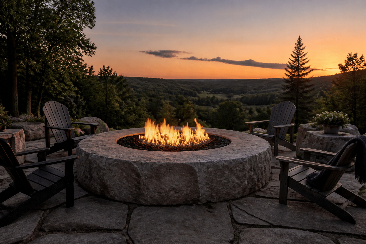 A custom natural stone gas fire pit glows on a flagstone patio at dusk, with chairs arranged around it, overlooking a rural Ontario landscape.