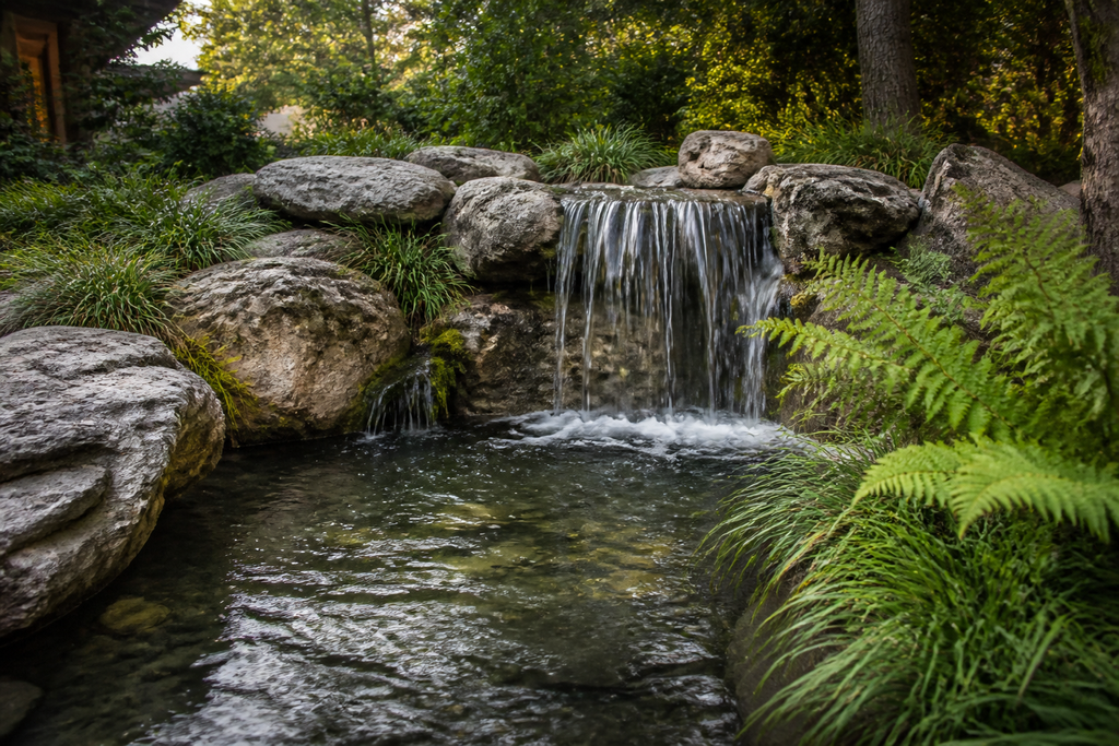 A close-up of a man-made naturalistic waterfall with water flowing over grey and brown stones into a pond surrounded by green ferns.