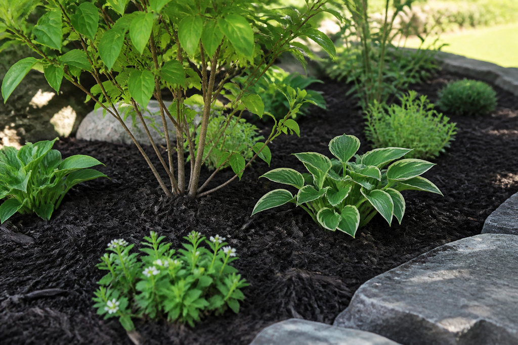 Close-up of a newly mulched garden bed showing young perennial plants establishing in their first summer.